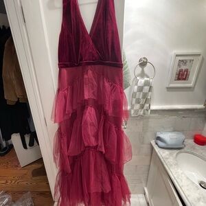 BCBG Red Ruffled Tiered V-Neck gown
